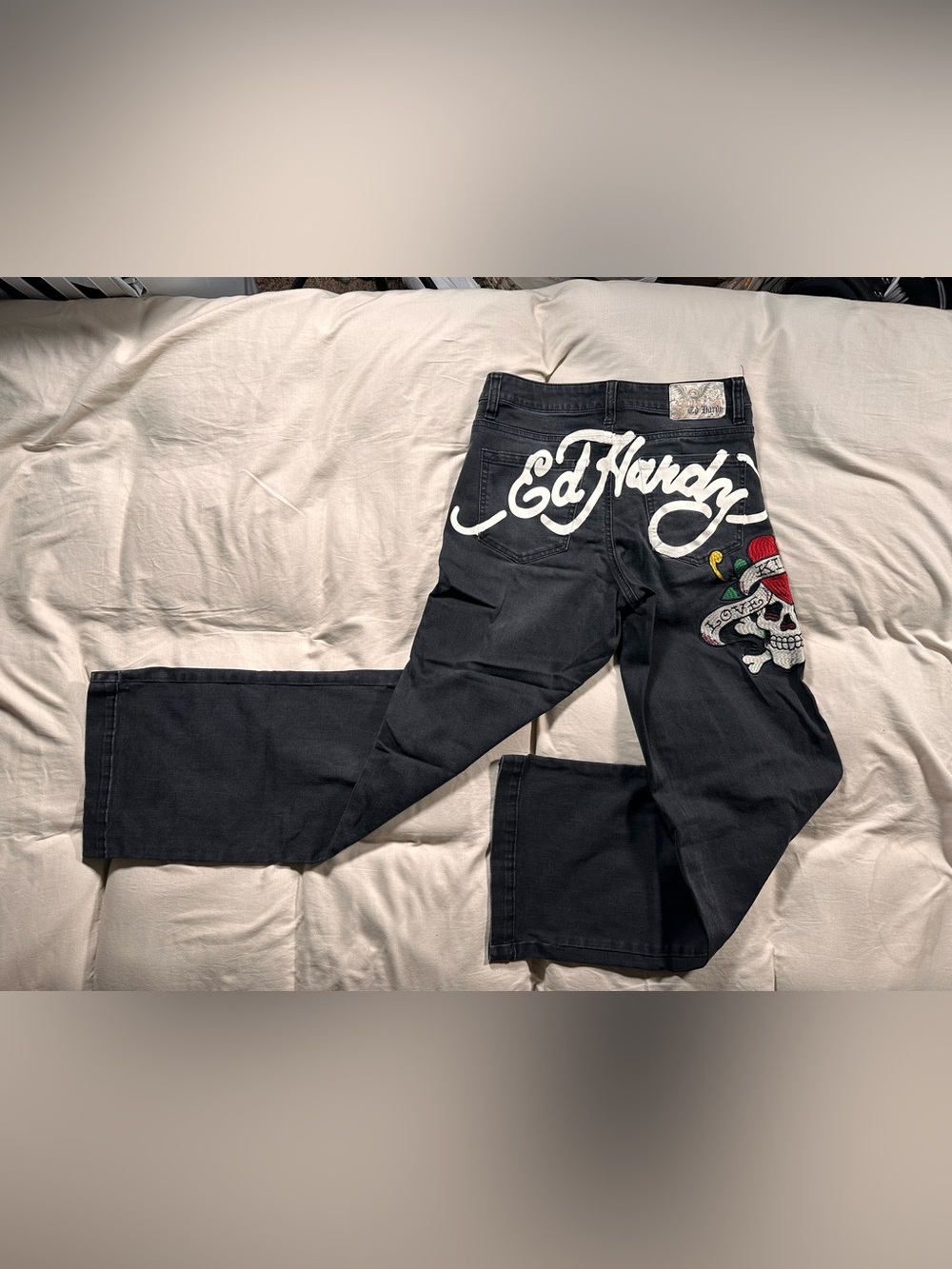 Ed Hardy Black Wide Leg Retro Y2K Rear Spellout Grunge Denim 28 x 31 Women